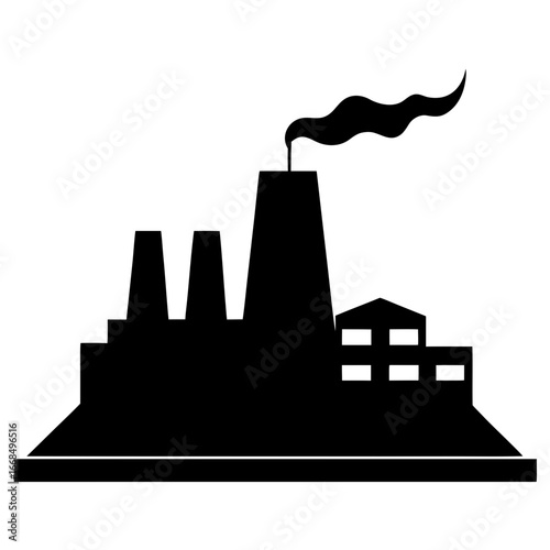 Silhouette of a geothermal energy plant with steam rising from vents, flat minimal style, isolated on white