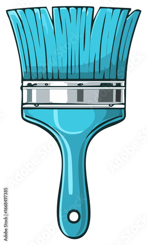 Blue paintbrush cartoon illustration with frayed bristles and metallic ferrule