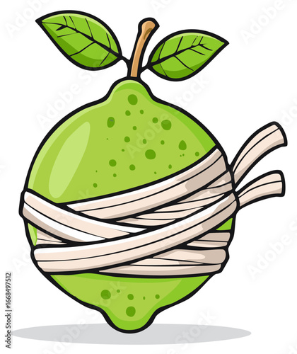 Spooky Halloween green lime fruit character wrapped in white mummy bandages