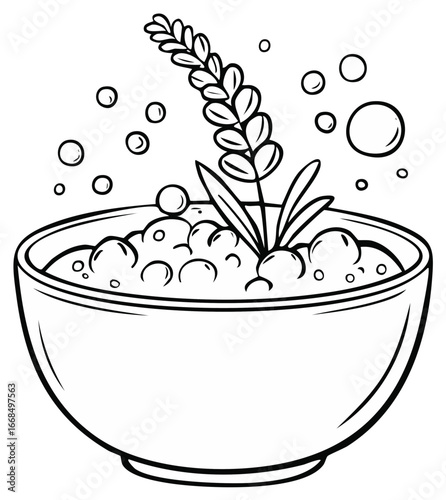 Line Art of Bowl with Soapy Bubbles and Lavender Plant for Spa Treatment or Cleaning Product Concept