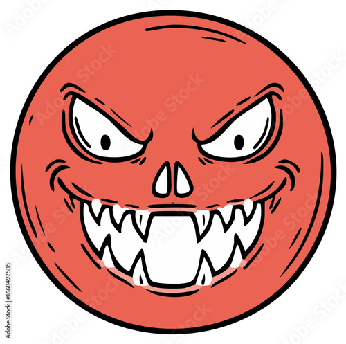Spooky red cartoon face with sharp teeth and angry expression