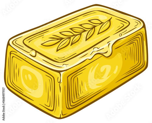 Cartoon illustration of a gold bar with a leaf emblem, showing value and prosperity