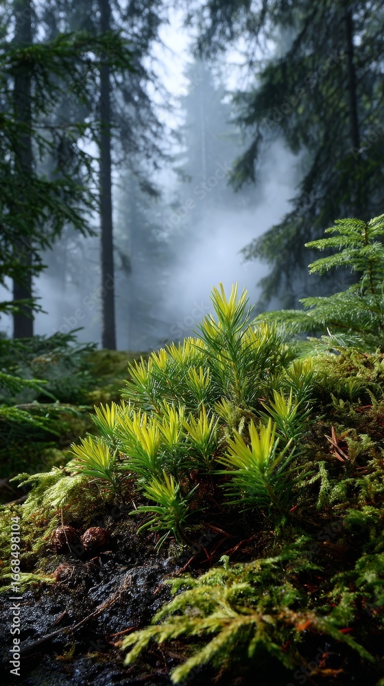 Fototapeta premium Lush Green Moss Thriving Under Early Morning Sunlight in a Misty Forest Setting
