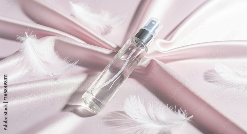 Naklejka premium Clear cosmetic spray bottle on pink silk with white feathers