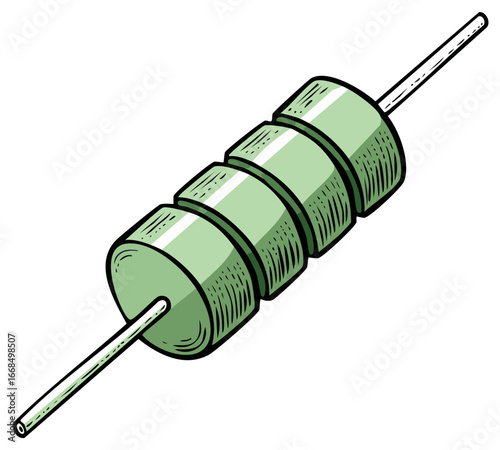Illustration of electronic resistor component, light green cylindrical body with axial leads for circuits.