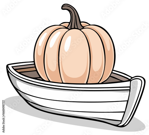Pumpkin in a boat illustration, autumn harvest symbol, seasonal icon, squash in a rowboat