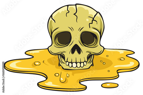 Stylized skull with cracks melting into a vibrant yellow puddle, dissolving and spreading an eerie sticky liquid.