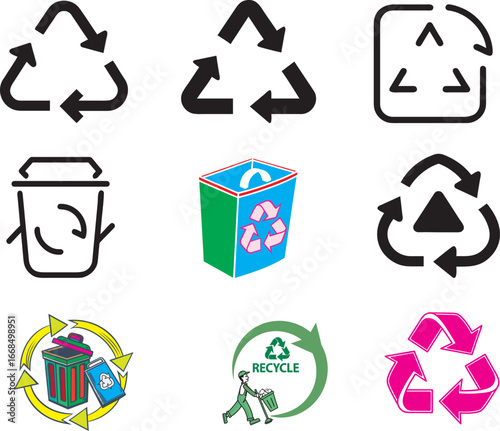 Vibrant recycle symbols and bins promoting eco-friendly waste management and sustainability practices