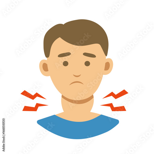 Illustration of a person experiencing neck pain, depicted with a sad expression and lightning bolts around the neck area.