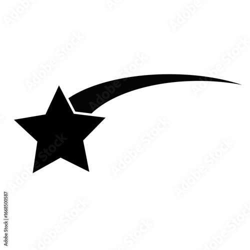 A simple black silhouette of a shooting star with a trailing curve against a white background.
