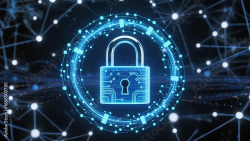 Futuristic digital padlock representing quantum encryption and cybersecurity. Glowing blue particles form a secure lock symbolizing advanced data protection and secure communication cryptography