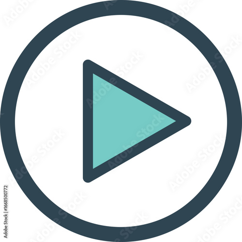 Teal play button icon inside a dark blue circle, isolated on white, representing media playback and action initiation.