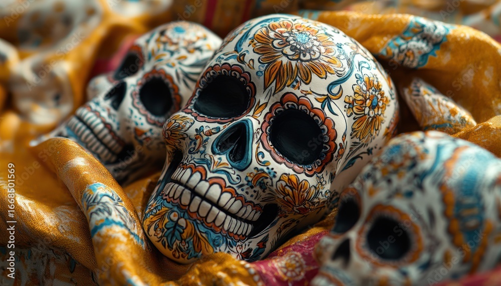 Obraz premium Day of the dead skulls with floral patterns on a colorful fabric