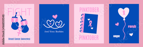 Set of breast cancer awareness day cards with pink colorful illustrations of breasts symbol, heart, gloves, balloon, ribbon. October Cancer Awareness Month. Template for poster, banner, infographic.