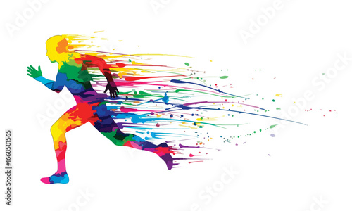 Energetic runner silhouette composed of rainbow paint splashes, a creative concept of speed, power, and artistic movement