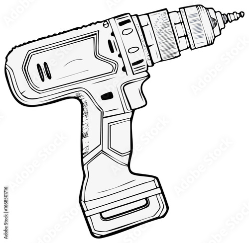 Modern cordless electric drill driver hand drawn line art illustration