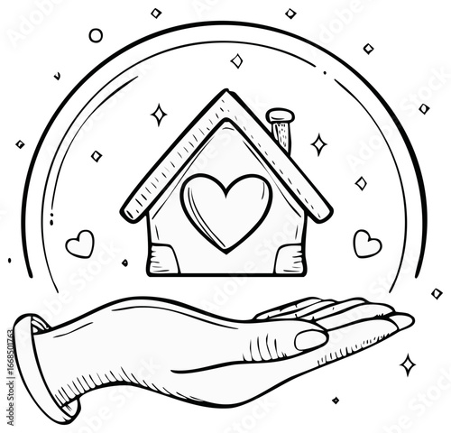 Hand holding house with heart, love and care concept, housewarming illustration