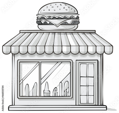 Burger shop restaurant with a large hamburger sign on the roof cartoon hand drawn illustration