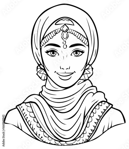 Outlined portrait of a woman wearing a hijab. Traditional head covering and jewelry. Vector illustration for coloring book or design.