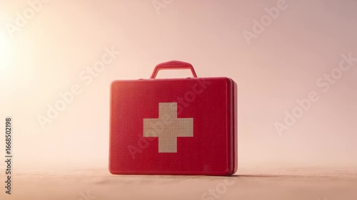 Red first aid kit with white cross, symbolizing emergency preparedness and safety, evokes a sense of readiness and care, suitable for health awareness campaigns or emergency planning themes