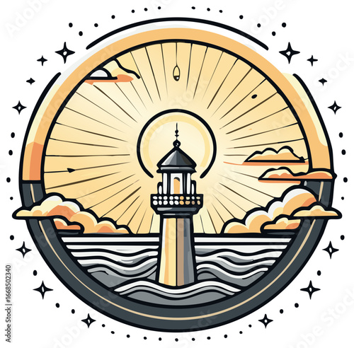Lighthouse illustration with clouds and waves inside a radiant circle frame