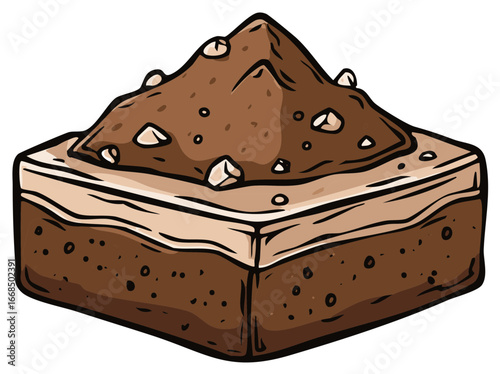 Illustration of a layered chocolate dessert with nuts on top