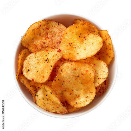 Spicy potato chips in a bowl overhead shot