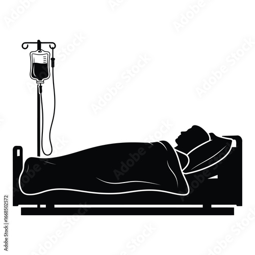 Sick person lying in hospital bed with iv drip silhouette concept of medical treatment and recovery