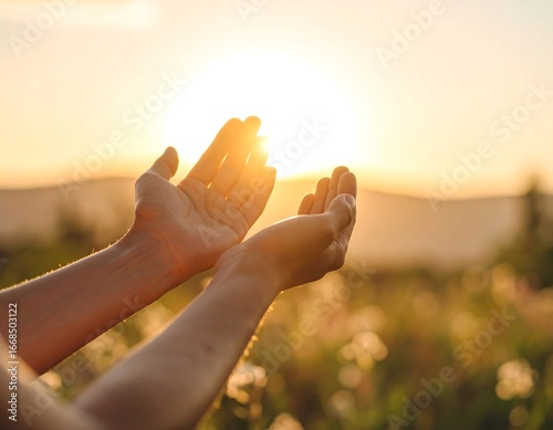Reaching for the Light Hands Raised in Prayer at Sunset