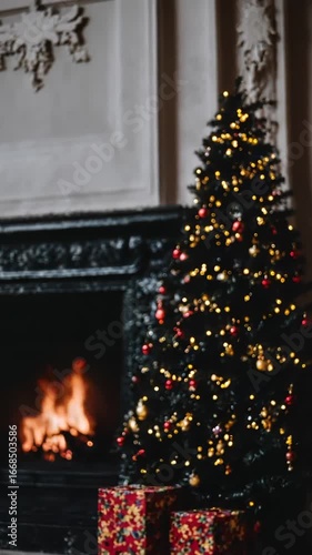 Elegant Christmas tree adorned with lights and ornaments, warm fireplace glowing softly in the background, festive atmosphere fills the room with holiday cheer