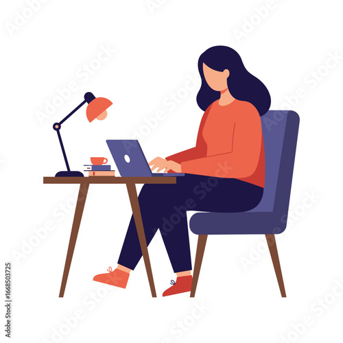 woman sitting at desk working on laptop with lamp and coffee cup