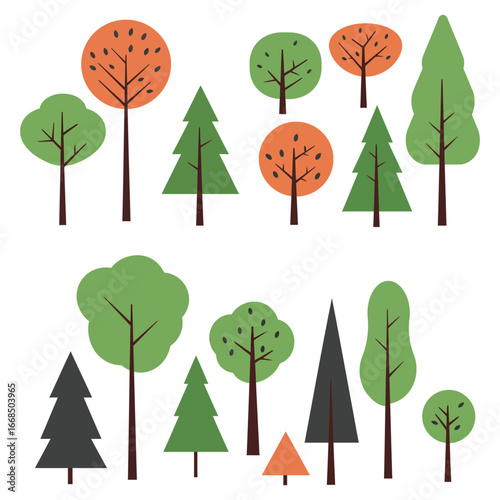 A collection of various trees in different colors and shapes on white background