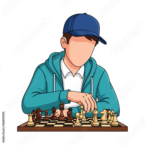 A person wearing a blue cap and hoodie is playing a game of chess with focus.