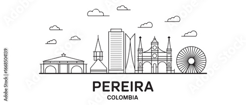 Pereira with Colombia Minimalist Line Art Skyline with Iconic Landmarks. with white background