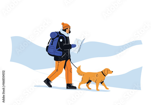 Vector illustration of person with backpack and dog walking in snowy landscape
