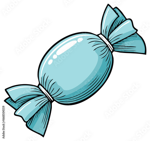 Cartoon illustration of a wrapped blue candy with a gloss effect