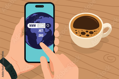 Hand holding smartphone with cup of coffee using financial app on screen to buy or sell domains illustration