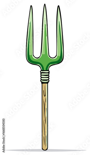Cartoon green pitchfork with wooden handle an essential farm garden tool vector illustration