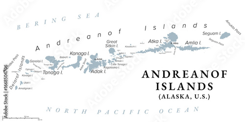 Andreanof Islands, Alaska, United States, gray political map. Group of islands in the Aleutian Islands between Amchitka Pass and Amukta Pass, with Adak on Adak Island, the westernmost city of the USA.