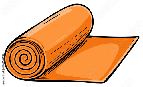 Orange rolled up yoga mat with part unrolled for fitness and exercise