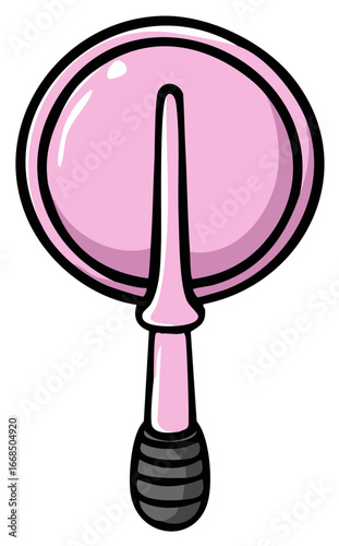 Handheld circular makeup brush with pink bristles and black handle