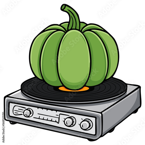 Green pumpkin placed on a spinning vinyl record player, illustration of retro music player playing spooky tunes.