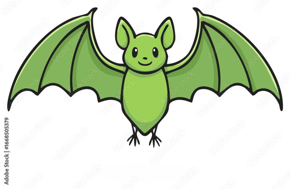 Obraz premium Cute cartoon green bat with outstretched wings smiling and ready to fly, simple vector illustration