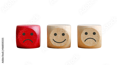 Wooden blocks showing happy and sad faces customer feedback