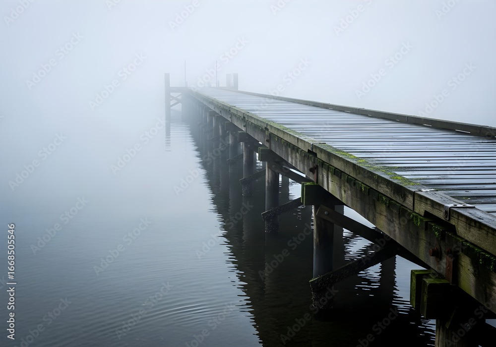 Naklejka premium Mysterious wooden pier extending into calm water shrouded in dense, atmospheric fog