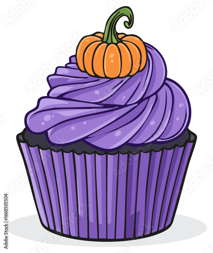 Spooky Purple Halloween Cupcake with Pumpkin Topper Illustration