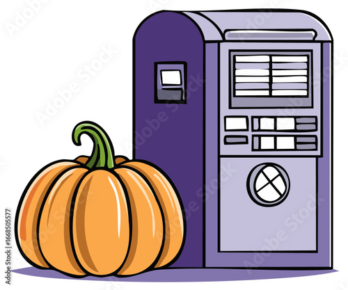 Orange Pumpkin and Vending Machine Illustration Style Art for Halloween and Autumn Holidays