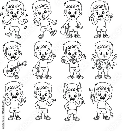 Cartoon boy character, black and white vector, emotional expressions, music, shopping, devil horns, tools, gestures, happy face, cute pose, illustration
