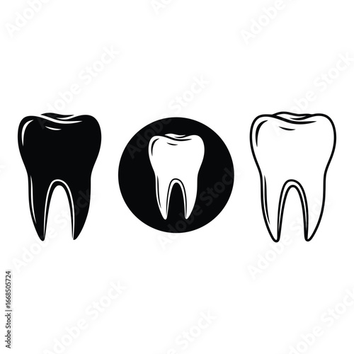 Set of three dental icons featuring a solid black tooth a circular tooth and an outline tooth