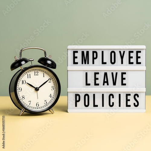 Alarm clock next to a lightbox displaying employee leave policies